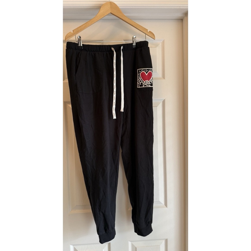 Keith Haring Jogger Sweatpant Men Medium Black Heart Graphic Drawstring‎ Pockets